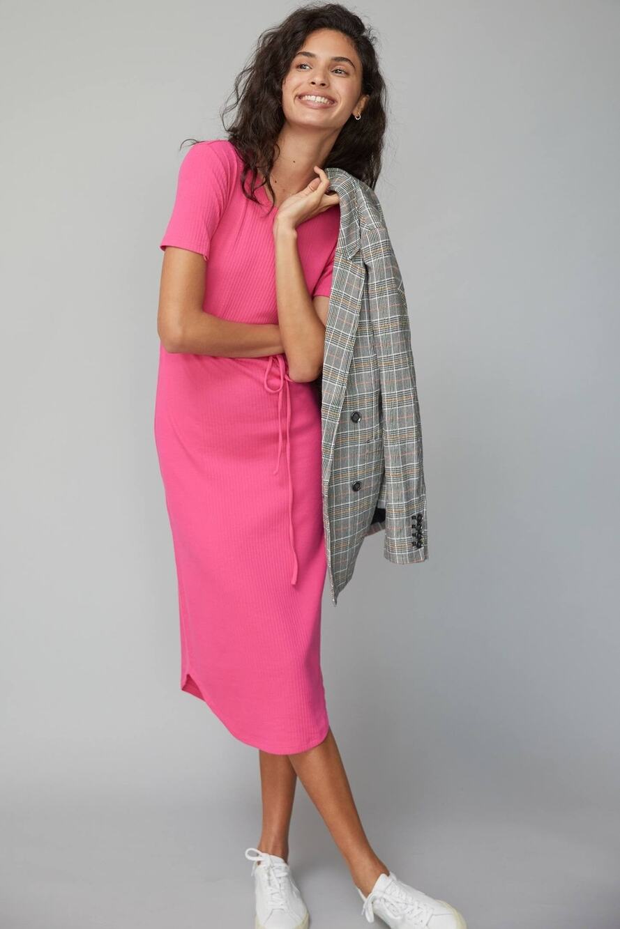 Anthropologie Addy Ribbed Belted Midi Dress Pink - M
